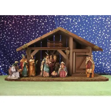 Kerstset : stal (55x30x29cm) met 10 figuren van 12 cm