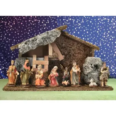 Kerstset : stal (30 x 11.5 x 17 cm) met 11 figuren 7 cm