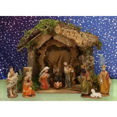 Kerstset : stal (18X8X13 cm) met 11 figuren 7 cm