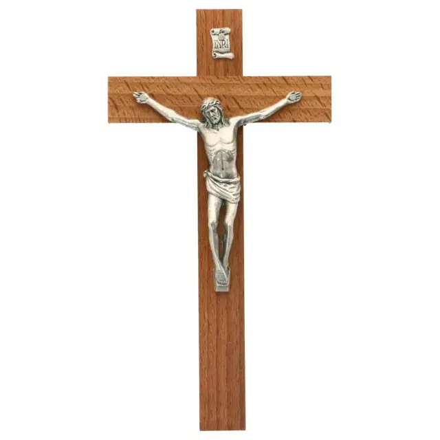 Croix Murale 16 cm Bois / Corps métal argenté