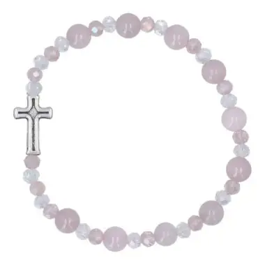 Bracelet elastic with beads in stone pink Agate + cross