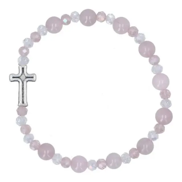 Bracelet elastic with beads in stone pink Agate + cross