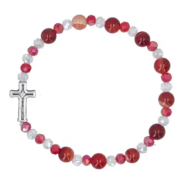 Bracelet elastic with beads in stone red Jade + cross