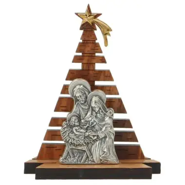 Nativité métal avec sapin bois d'olivier 6 X 7.5 cm