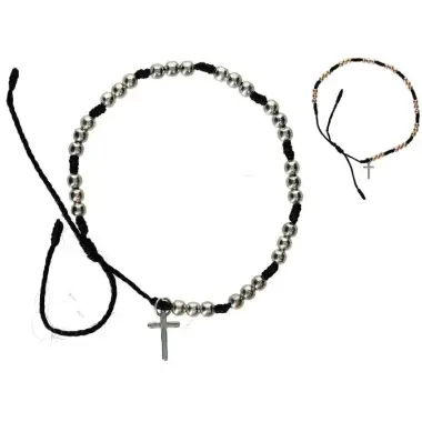 Armband/koord - kralen en kruisje verzilverd/verguld