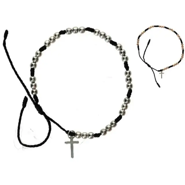 Armband/koord - kralen en kruisje verzilverd/verguld