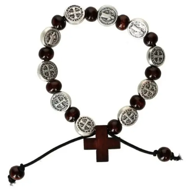 Armband / koord Hout Donkerbruin + Med H. Benedictus
