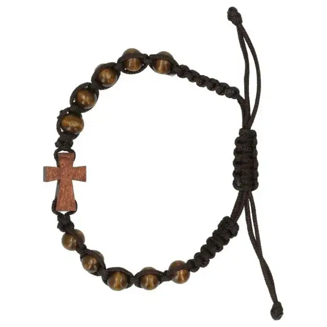 Armband op koord Hout donkerbruin + Kruisje