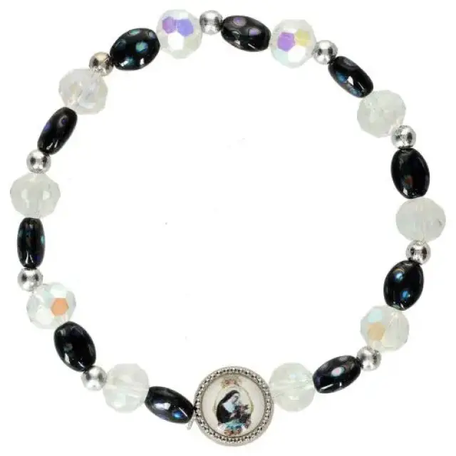 Armband op elastiek glas wit - zwart + med H. Rita