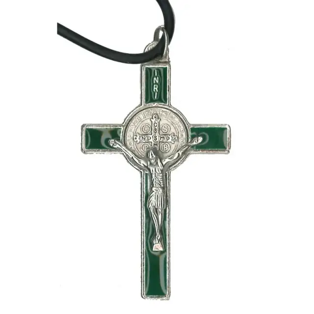 Croix s/cordon St Benoît 5.5 cm Email Vert