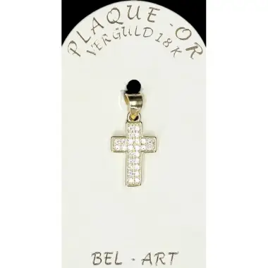 Kruisje plaqué-goud met witte strass 13 x 10 mm
