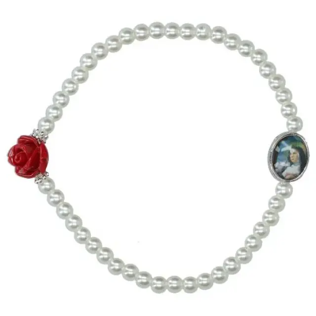 Bracelet s/élast blanc + Méd Ste Rita + rose rouge