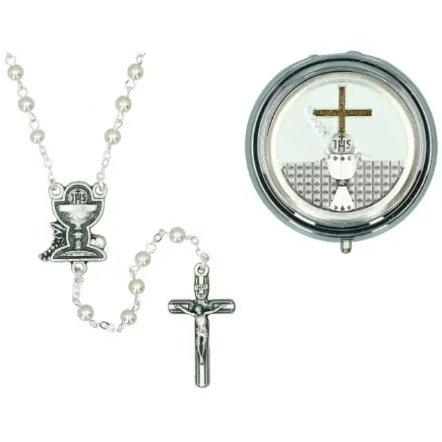 Chapelet blanc de communion + Boîte argentée Calice Diam 46 mm