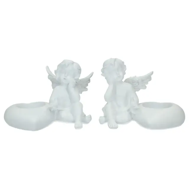 Engel zittend met hart + tealight - 12 X H9 cm - 2 / set