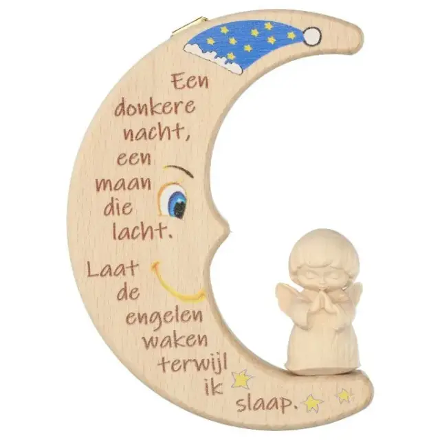Houtsnijwerk - maan met engel - 12 cm - Een donkere nacht