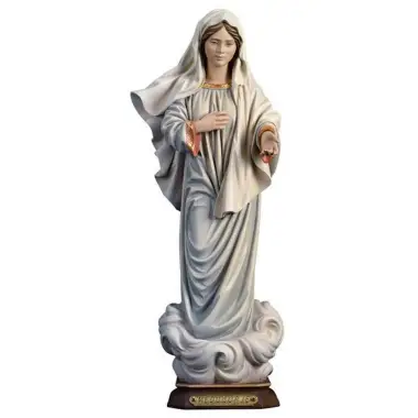 Houtsnijwerk beeld Onze Lieve Vrouw van Medjugorje 23 cm gekleurd