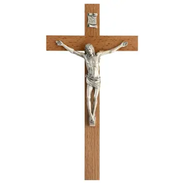 Croix Murale 19 cm Bois / Corps métal argenté