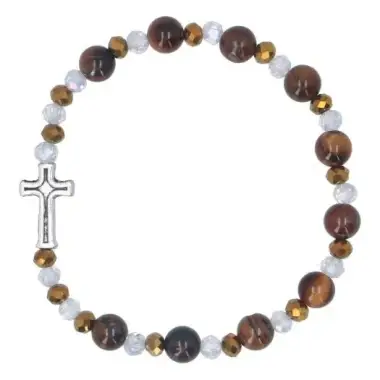 Bracelet sur élastique avec grains en pierre Oeil de Tigre + croix