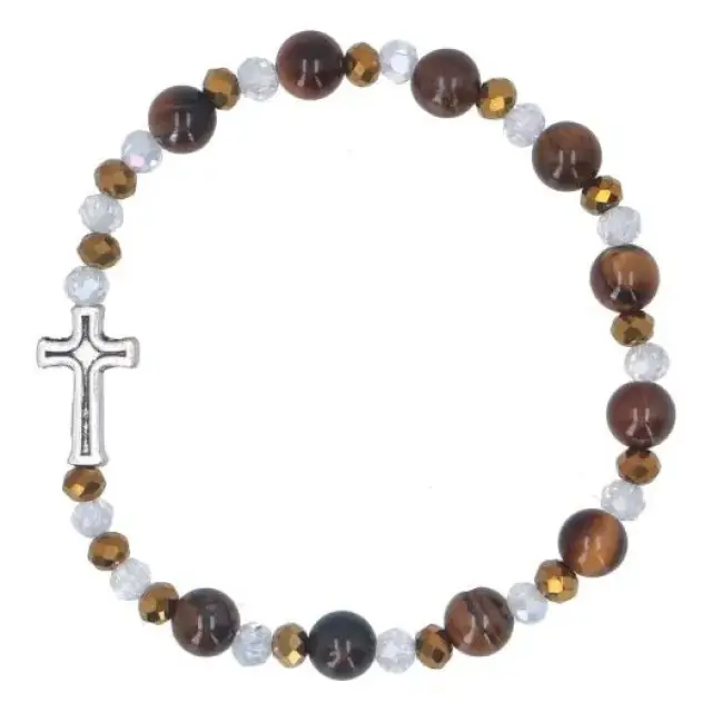 Bracelet sur élastique avec grains en pierre Oeil de Tigre + croix