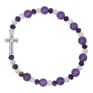 Bracelet sur élastique avec grains en pierre Jade mauve + croix