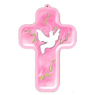 Croix Berceau - 13 X 9 cm - Colombe / Rose