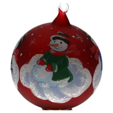 Boule De Noel Rouge Avec Bonhomme De Neige Diam 11 Cm