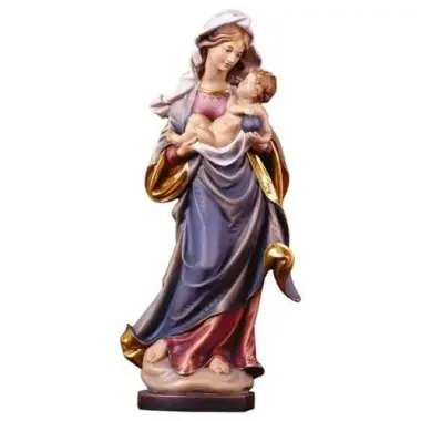 Statue Vierge Marie avec enfant en bois - 30 cm - couleur