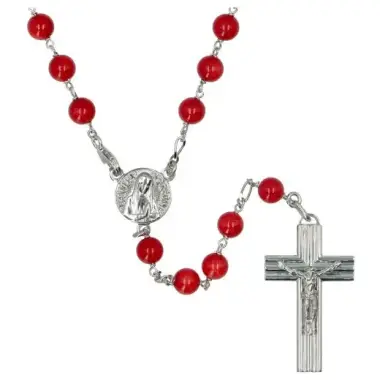 Rozenkrans Zilver + Rhodium Rode Koraal - 6 mm - Banneux