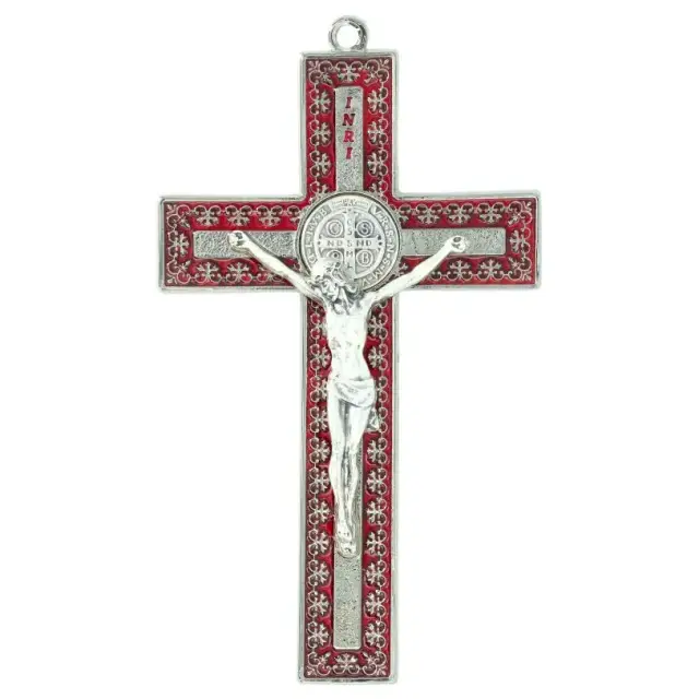 Croix St Benoît - 12 cm - Métal argenté émail rouge