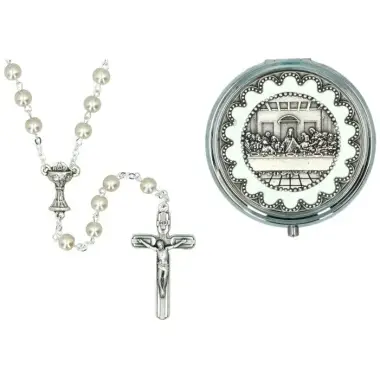 Chapelet blanc de communion + Boîte argentée Dern. Cène Diam 56 mm