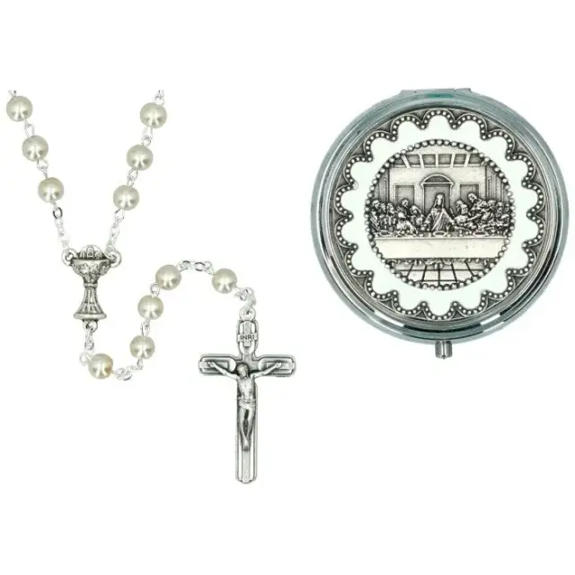 Chapelet blanc de communion + Boîte argentée Dern. Cène Diam 56 mm