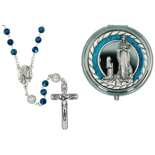 Rozenkrans Lourdes Versch. + Doosje metaal email blauw