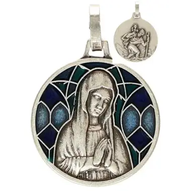Médaille 18 mm - Vierge priante - Métal avec email bleu