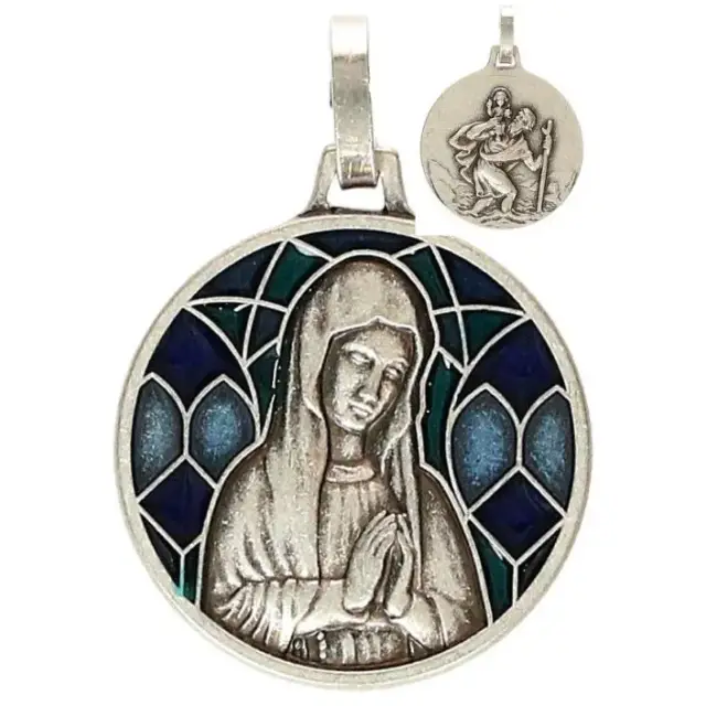 Médaille 18 mm - Vierge priante - Métal avec email bleu