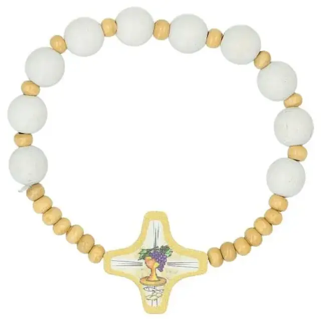 Bracelet sur élastique Bois blanc - beige Communion
