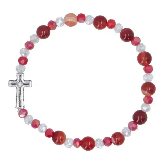 Bracelet sur élastique avec grains en pierre Jade rouge + croix