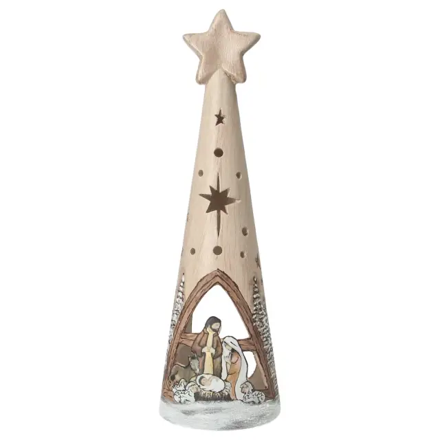 Ceramic Christmas tree with Nativity scene, 28 cm, sepia