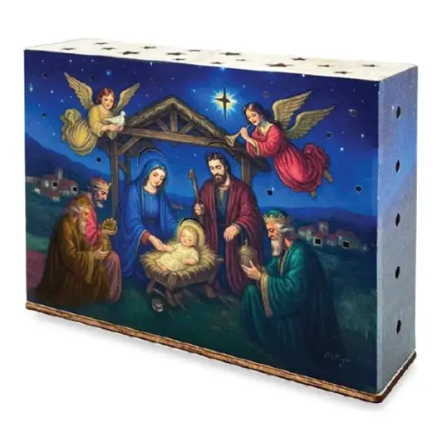 Photophore en carton avec éclaraige LED (17 x 5 x 13cm) - Crèche avec anges