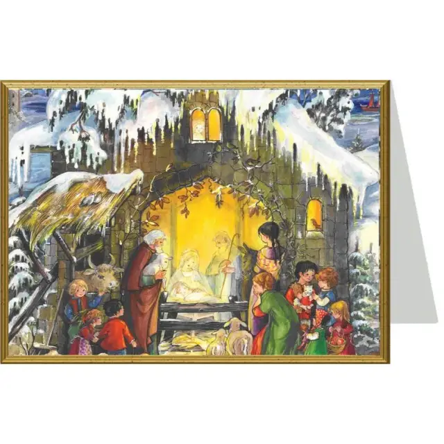 Carte de Noël double traditionnelle avec la crèche + enveloppe