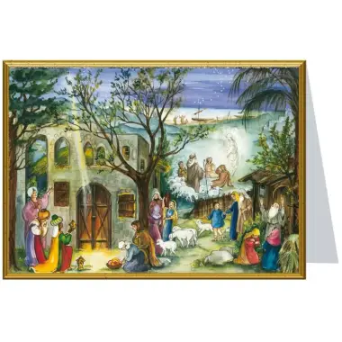 Carte de Noël double traditionnelle avec crèche de Noël + enveloppe