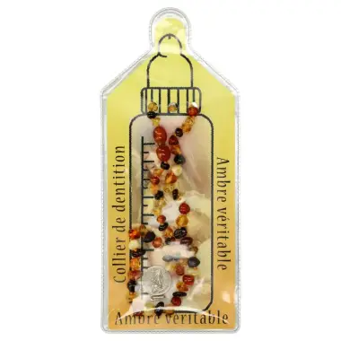 Collier de dentition en ambre avec prière et médaille de Sainte Apolline