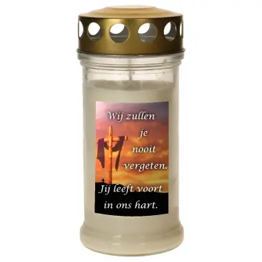Veilleuse de cimetière en verre avec couvercle doré - Blanc - Wij zullen je nooit vergeten - 10 pièces / carton