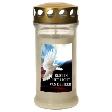 Veilleuse de cimetière en verre avec couvercle doré - Blanc - Colombe + Texte néerlandais - 10 pièces / carton