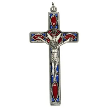 Kruisbeeld 11 cm Email Blauw-rood / Met. verzilverd