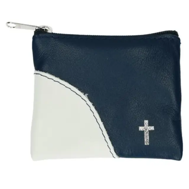 Etui Chapelet Cuir - 10 X 8 cm - Bleu-Blanc