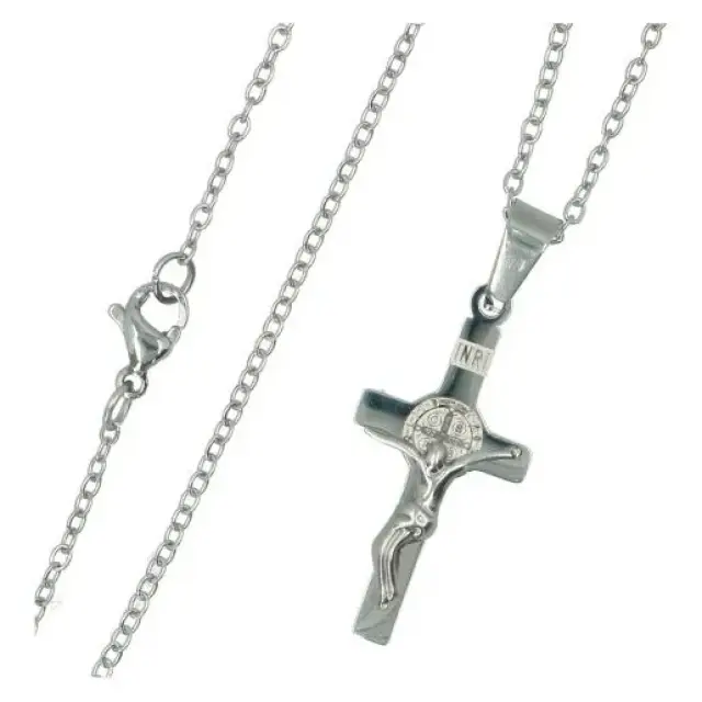 Parure Acier - Croix de St Benoit + Chaîne 45 cm