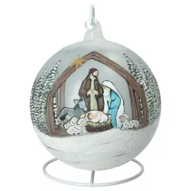 Boule en verre avec pied 15 cm Nativité bleue