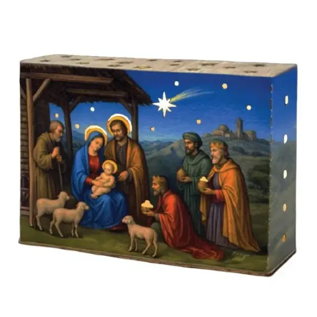 Photophore met ledverlichting (17 x 5 x 13cm) - Kerststal met vallende ster
