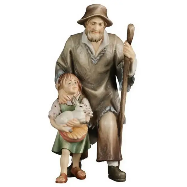 Shepherd with litlle girl : Wood carved christmas nativity Ulrich 15 cm (5,9 inches)