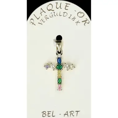 Croix plaqué or avec strass colorés 20 x 13 mm